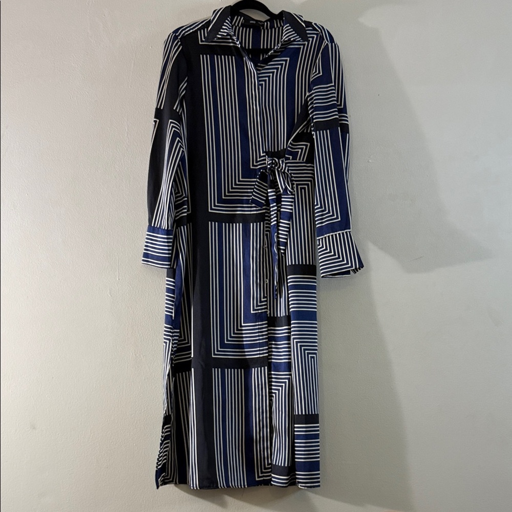 Mango Navy Blue Black White Striped Long Sleeve Wrap Dress